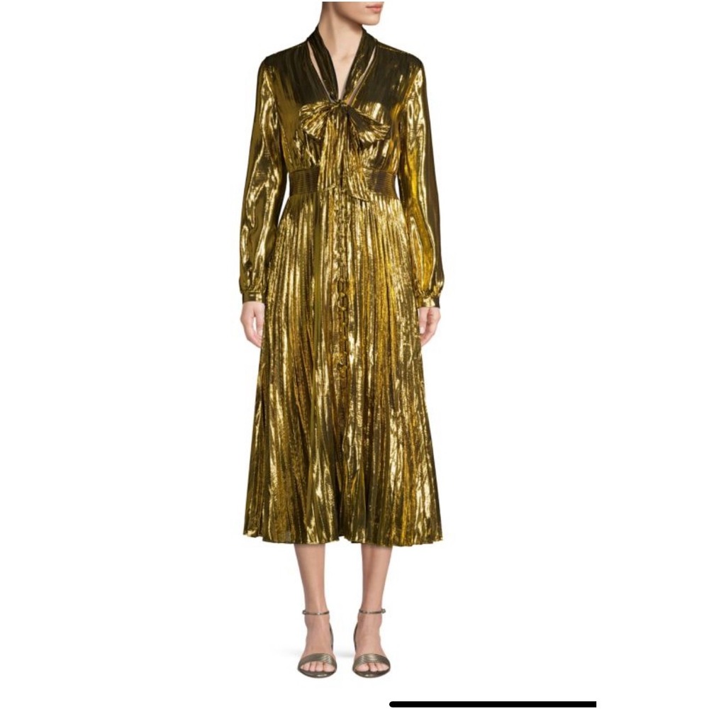 Equipment Femme Macin Silk Metallic Gold Lame Pleated Fancy Party Dress 8